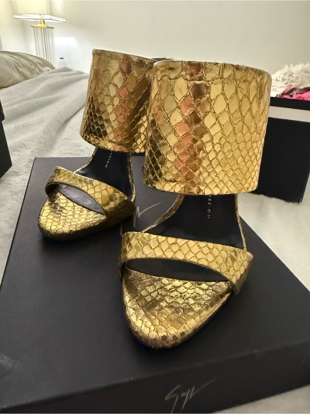 Gold Snake-Embossed High Heel Slide Sandals - Women - Picture 6 of 6